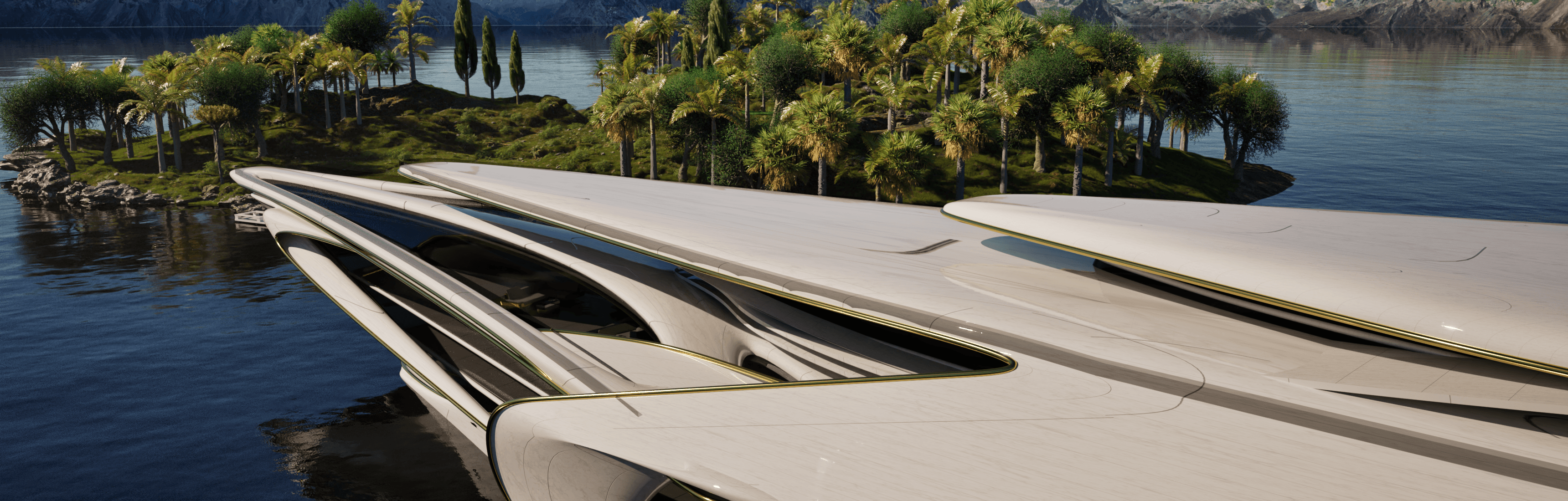 Render of a white, streamlined building reaching over a lake beside a palm-covered island