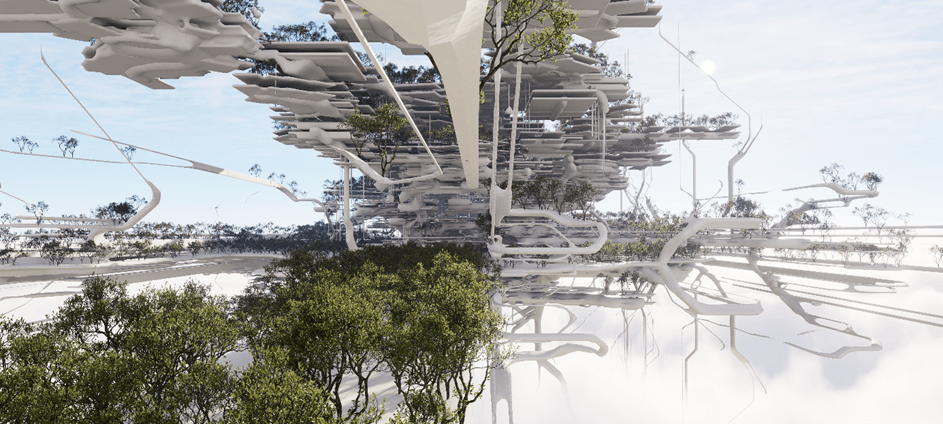 Render of a branching, tree-like structure rising above forest and cloud