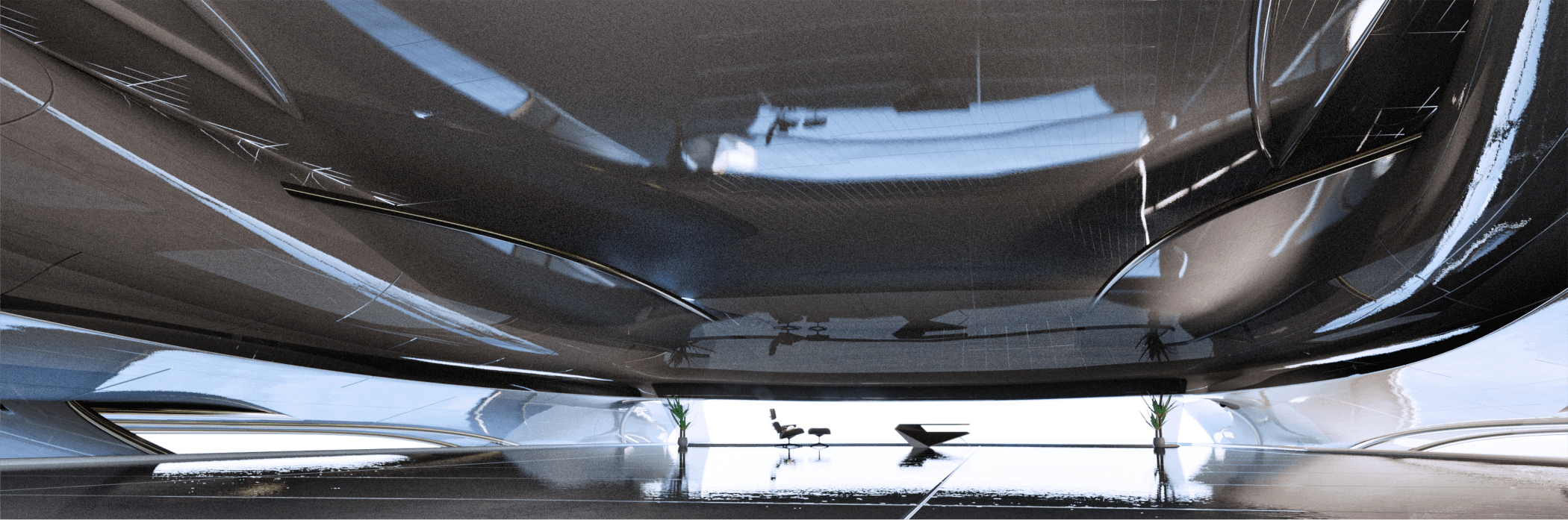 Glossy curved ceiling above a reflective floor with a lounge chair