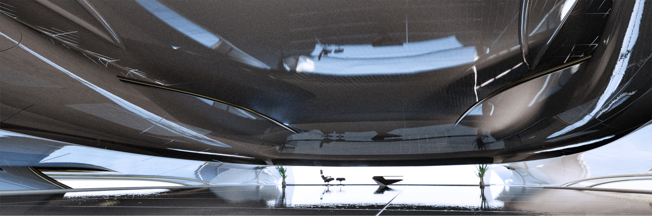 Render of a glossy, curved interior canopy above a reflective floor