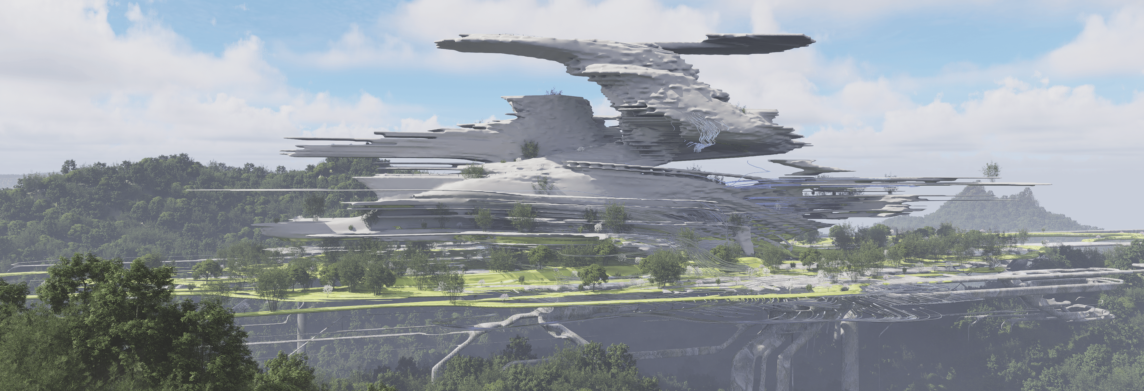 Render of a layered, floating megastructure above a forested landscape