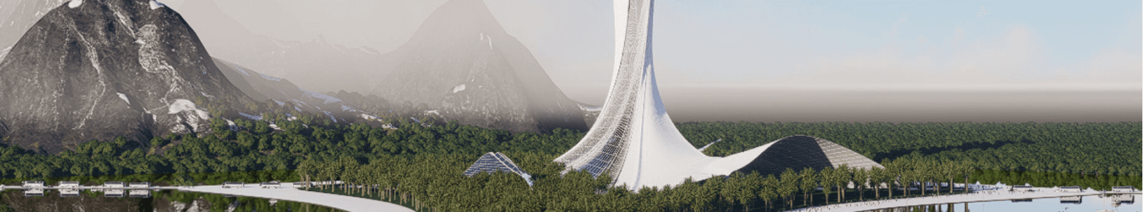 White spire rising from a palm forest in front of snowy mountains
